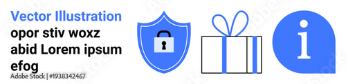 Objects include a shield with a lock, a gift box, and an information icon. Ideal for security, privacy, gifting, rewards, customer support information flow and user guidance. Landing page