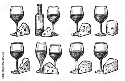 Hand-drawn illustration featuring a set of wine glasses and cheese, rendered in sketch style on white, suitable for menu design or wine-related content.