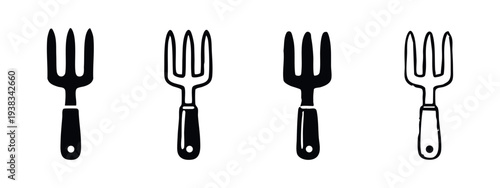 Garden Fork Tool Icon Set, Four Variations of Minimalist Hand Fork Symbols on White Background