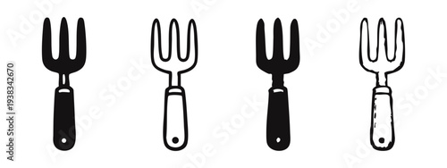Hand Garden Fork Icon Set, Four Variations of Minimalist Cultivating Tool Symbols on White Background