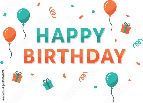 A colorful illustration celebrating a birthday with balloons and gifts