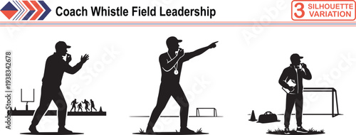 Coach Blowing Whistle on Sports Field, Leadership, Strategy and Team Motivation Concept Set
