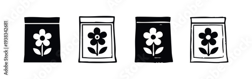 Flower Seed Packet Icon Set, Four Variations of Minimalist Gardening Symbols on White Background