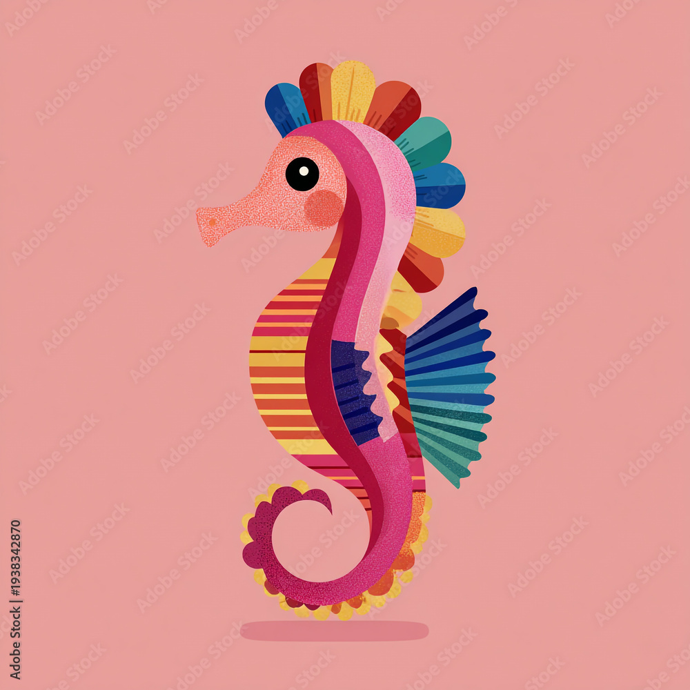 Obraz premium A stylized, colorful seahorse illustration featuring a vibrant mosaic of red, orange, and purple hues. It stands centered against a soft pink background in a clean, minimalist flat design.