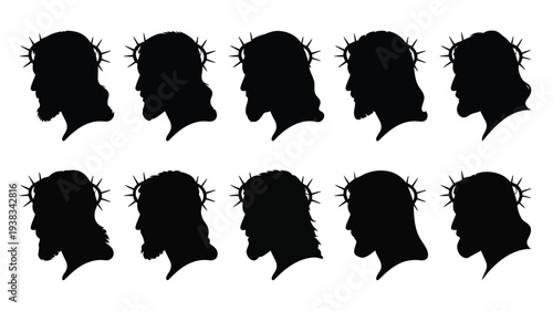 Ten black silhouette profiles of jesus christ with crown of thorns on white background for religious or spiritual concepts