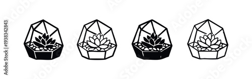 Geometric Terrarium with Succulent Plant Icons - Modern Home Decor Silhouette and Outline Vector