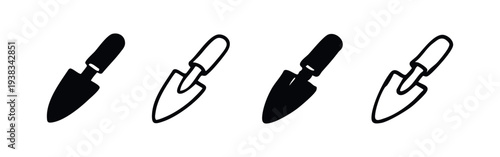 Garden Hand Trowel Icons - Small Shovel Planting Tool Silhouette and Outline Vector Set