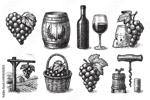 Engraved style illustration featuring wine production elements: grapes, wine barrel, bottle, glass, vineyard scene, corkscrew, suitable for winery, restaurant, or food and beverage themes.