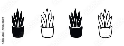 Snake Plant in Pot Icons - Sansevieria Houseplant Silhouette and Outline Vector Collection