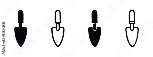 Gardening Spade and Trowel Icons - Hand Tools for Planting Silhouette and Outline Vector Set