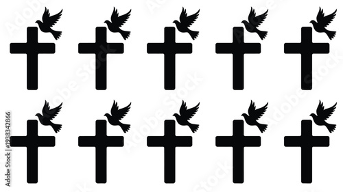 Black silhouettes of crosses and flying birds on white background symbolizing freedom and spirituality