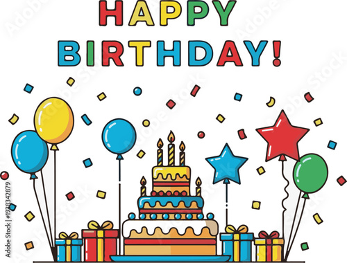 A colorful illustration of a birthday celebration with cake and balloons