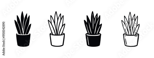 Potted Snake Plant Icons Set. Houseplant in Pot Glyph and Outline Vector Illustrations for Home and Office Decor.