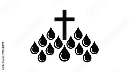 Christian cross with raindrops symbolizing spiritual baptism and divine blessings on white background