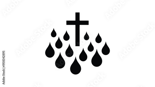 Black cross symbol with raindrops on white background representing faith and spirituality in the rain