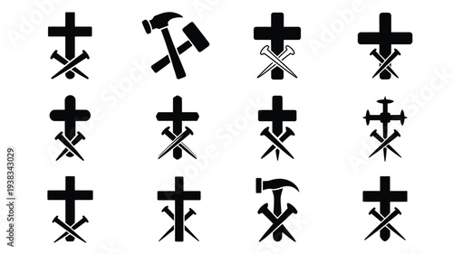 Black and white vector icons of crosses combined with axes and hammers on plain white background for design and symbolic use