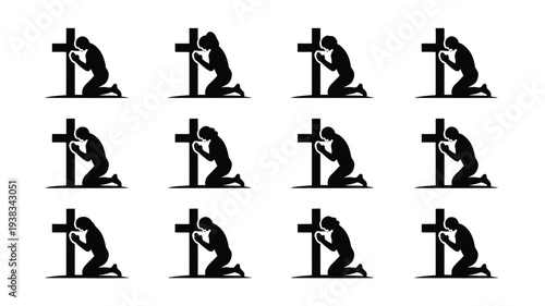 Kneeling figures in prayer before crosses devotional silhouettes religious icons faith and spirituality symbols