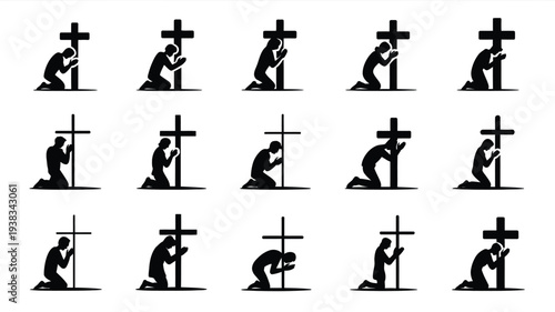 Praying silhouettes with crosses various poses black icons on white background spirituality and faith concept