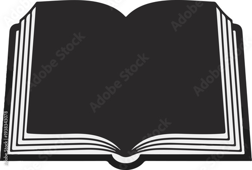 Open black book silhouette with white pages, symbolizing knowledge