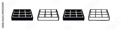Retail Display Stand Rack Vector Icon Set. Store Shelf and Organizer Illustration.