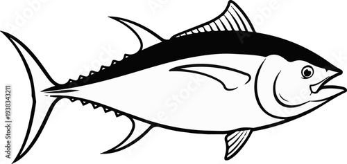 A bold black and white illustration of a tuna fish, with fins and tail spread