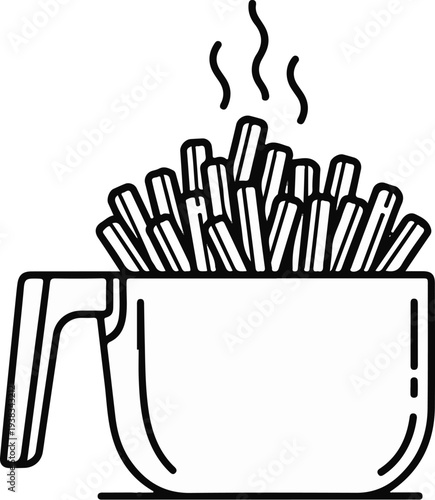 A black and white line drawing of a pot overflowing with hot french fries