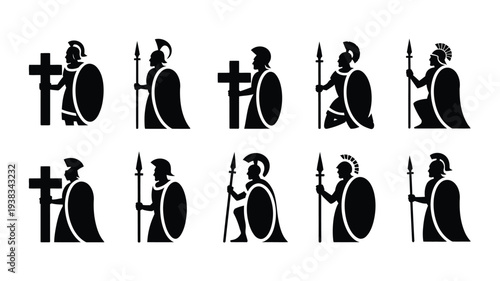 Medieval knights in armor with swords and shields standing with crosses black silhouettes on white background