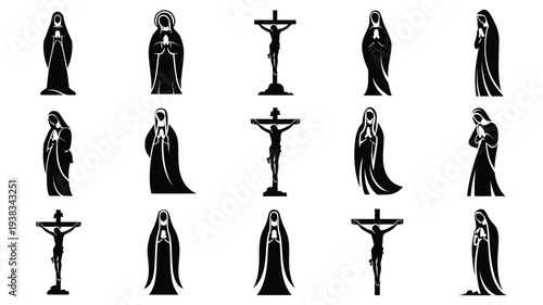 Collection of various black silhouettes of jesus christ and virgin mary in different poses on white background for design and decoration