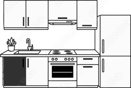 A minimalist line art depiction of a modern kitchen setup