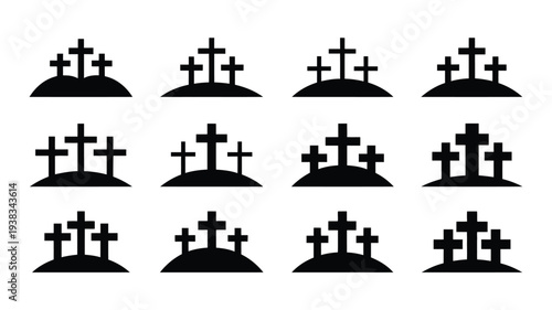 Multiple black graveyard crosses on hills cemetery symbols death and mourning icons funeral and memorial graphics