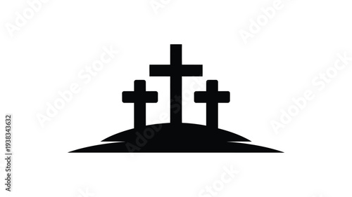 Three black crosses on a hill symbolizing faith and spirituality in a simple iconic design
