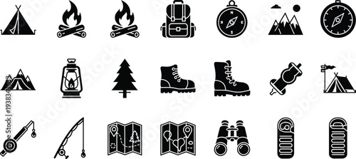 Camping and outdoor adventure icons and symbols in black and white