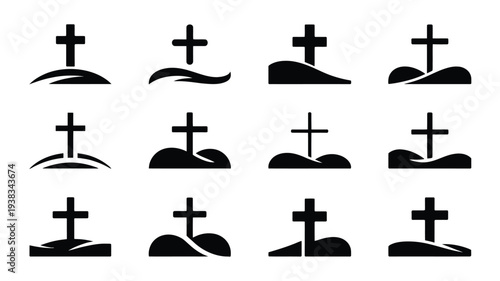 Various christian cross symbols on hills religious icons faith and spirituality concepts black silhouettes