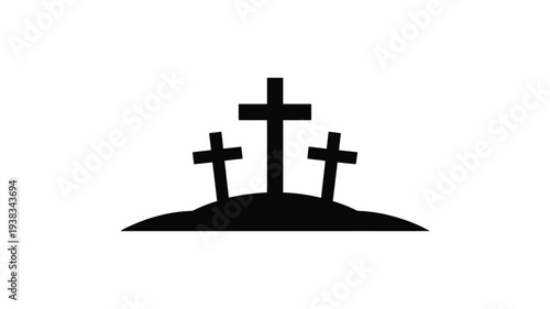 Three crosses on hill silhouette simple black graphic symbolizing faith spirituality and remembrance in minimalist design