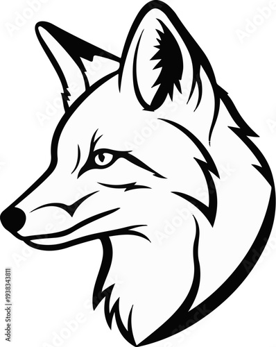 Stylized black and white graphic of a fox head, facing left