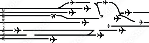 A diagram showing multiple airplanes flying on various routes and paths.