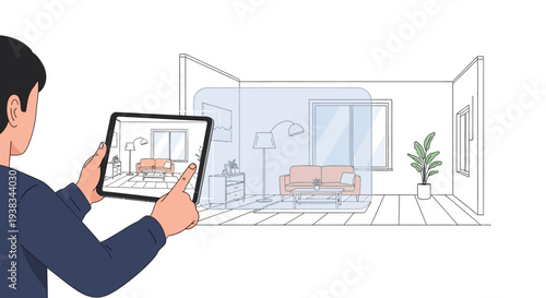 Man holding a digital tablet with architectural drawing.