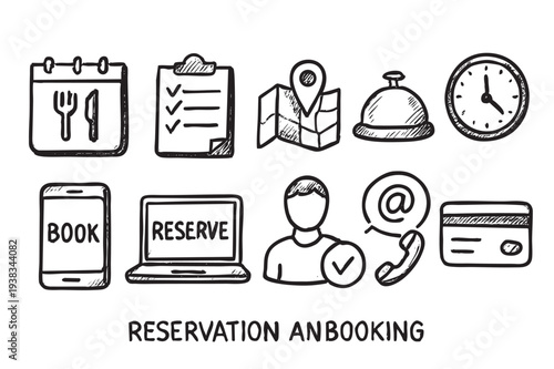 Hand-drawn doodle icon set representing reservation and booking concepts, including a calendar, checklist, map, laptop, phone, and credit card, all in black and white, suitable for web design.