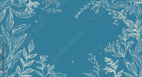 Blue backdrop floral pattern featuring hand drawn tea leaves for textile and wrapping use