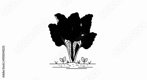 A stylized black and white drawing of a leafy plant with small sprouts