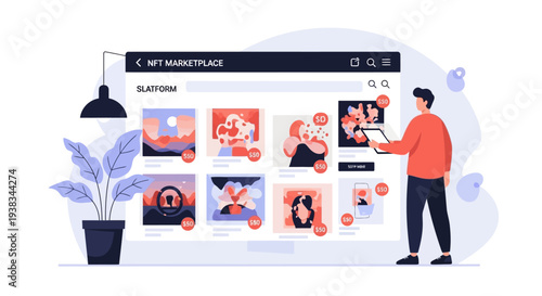 Man interacting with large computer screen.