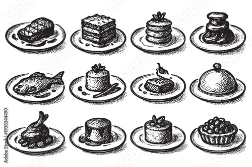 Hand-drawn sketch showing a selection of different desserts on plates, rendered in a rustic, artistic style; ideal for menus, culinary themes, and retro designs.