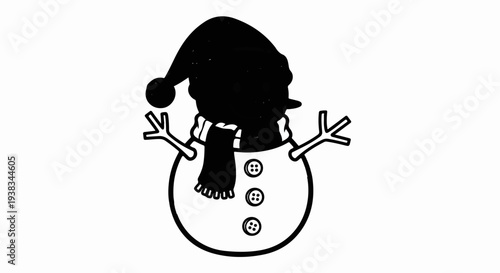 A black and white cartoon drawing of a snowman wearing a hat and scarf