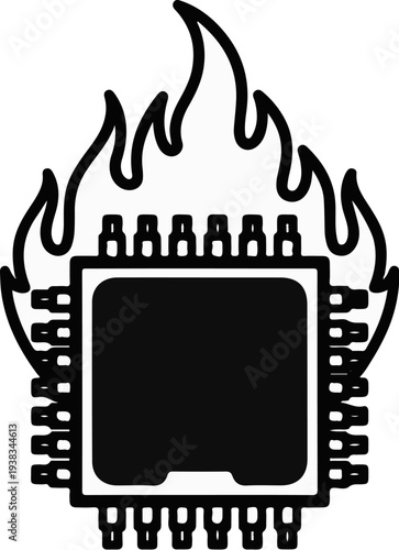 A black and white illustration of a microchip engulfed in flames