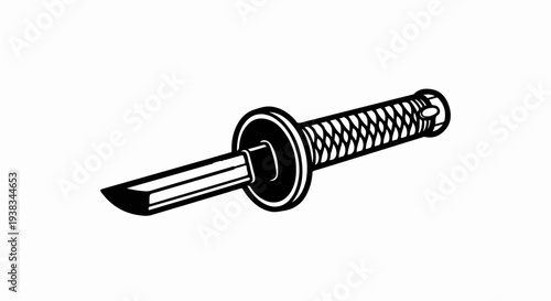 Stylized black and white illustration of a samurai sword with a woven handle