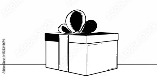 A black and white line drawing of a gift box with a large bow