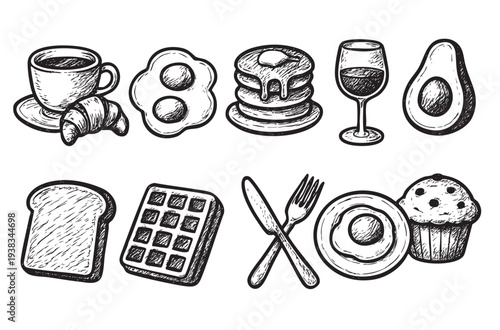 Hand drawn breakfast food, with coffee, croissant, egg, pancakes, wine, avocado, toast, waffle, cutlery, sunny side up egg and muffin, isolated on white.