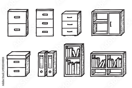 Black and white sketch of various furniture items, including cabinets, shelves with books and binders on a white background. For use in design projects, presentations.