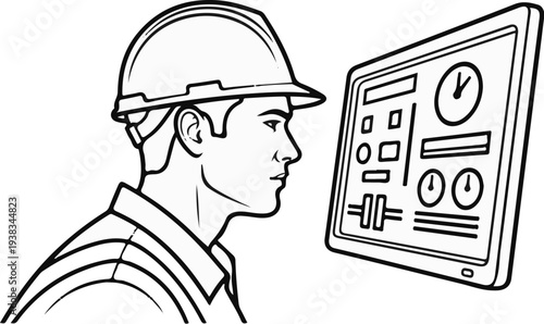 Worker in hard hat studies a digital control panel with gauges and buttons