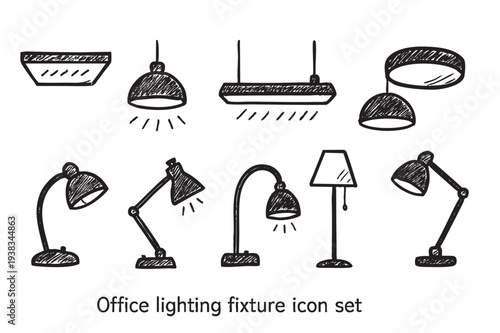 This graphic features a collection of hand-drawn lighting fixtures including desk lamps and overhead lights, rendered in a simple black-and-white sketch style.